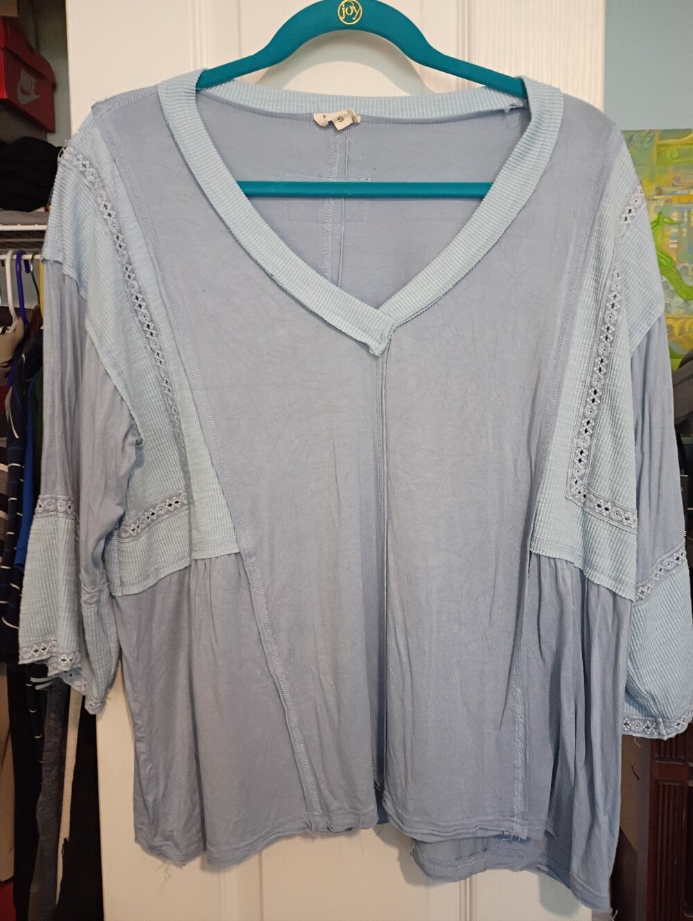 POL Light Blue V-Neck Lace Inset Tunic Top